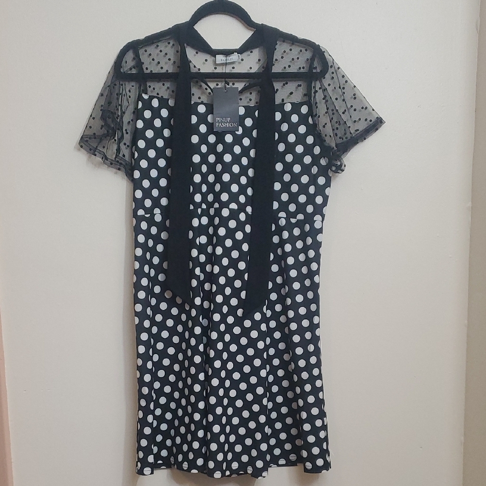 Pinup Fashion Polka Dot Dress 14W Sheer Top Swiss Dot - Picture 2 of 9